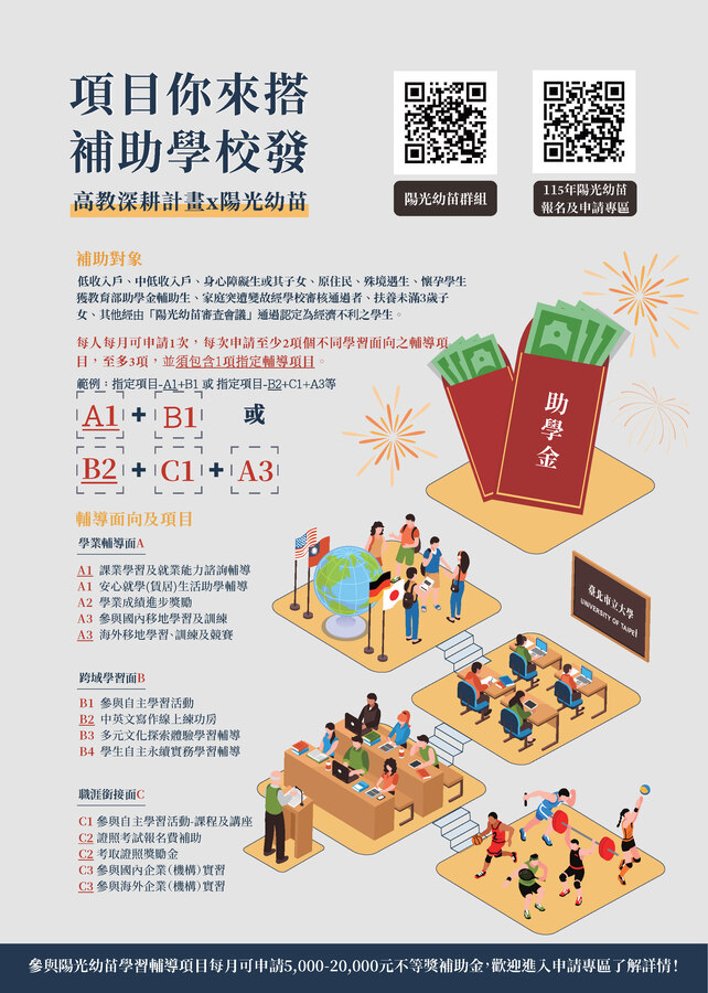 【陽光幼苗學習輔導暨獎補助】申請期限延長至12/18，歡迎符合資格的同學踴躍申請圖片